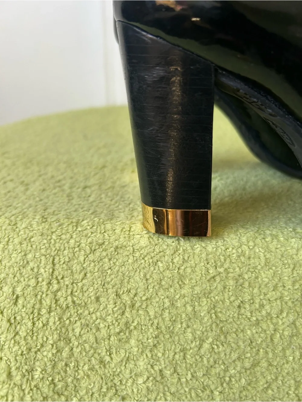 Tory Burch Black Patent Leather Block Heel Pumps with Gold Logo Accent